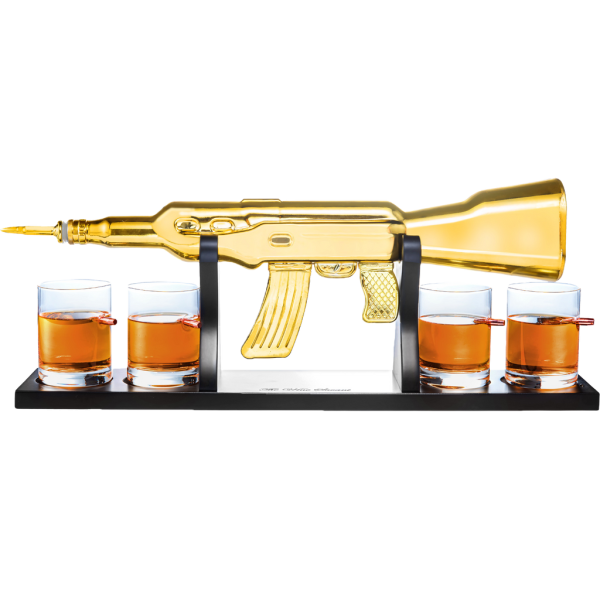 AK Gold Whiskey Decanter Set With 4 Bullet Whiskey Glasses - Liquor Lux, Gift For Fathers, Uncles, Sons - Veteran Gifts, Military Gift, Home Bar...