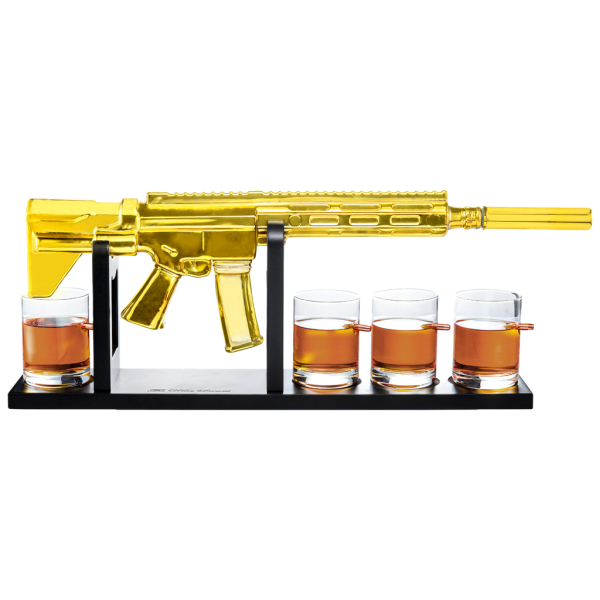 AR15 Gold Whiskey Decanter Set with 4 Bullet Whiskey Glasses - Liquor Lux, Gift for Fathers, Uncles, Sons - Veteran Gifts, Military Gift, Home Bar...