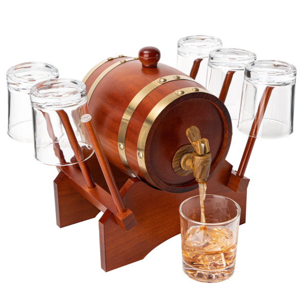 Barrel Decanter with 6 Whiskey Glasses by Liquor Lux - 1000 mL Mahogany Wood Old Fashioned Classic Whiskey Decanter Set, Gifts for Him, Father's...