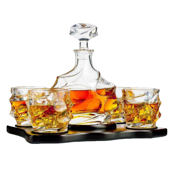 Liquor Lux Wine and Whiskey Mountain Decanter with 4 Glasses and Wood Tray 750 ML