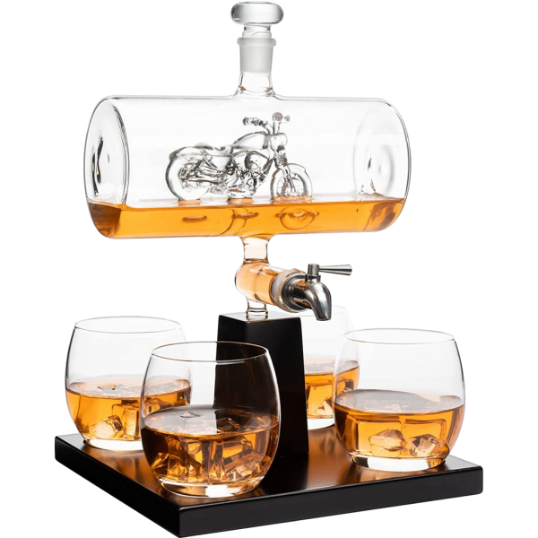 Motorcycle Decanter Whiskey & Wine Decanter Set 1100ml by Liquor Lux with 4 Whiskey Glasses, Motorcycle Gifts, Harley Davidson Motorbike Gifts,...