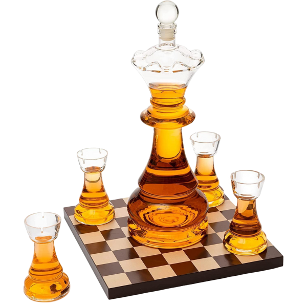 New Chess Decanter Set by Liquor Lux - Queen Chess Decanter 750ml 12" H With 4 Rook Shot Glasses 4oz - Queen's Gambit, Chess Player Gifts, Whiskey,...