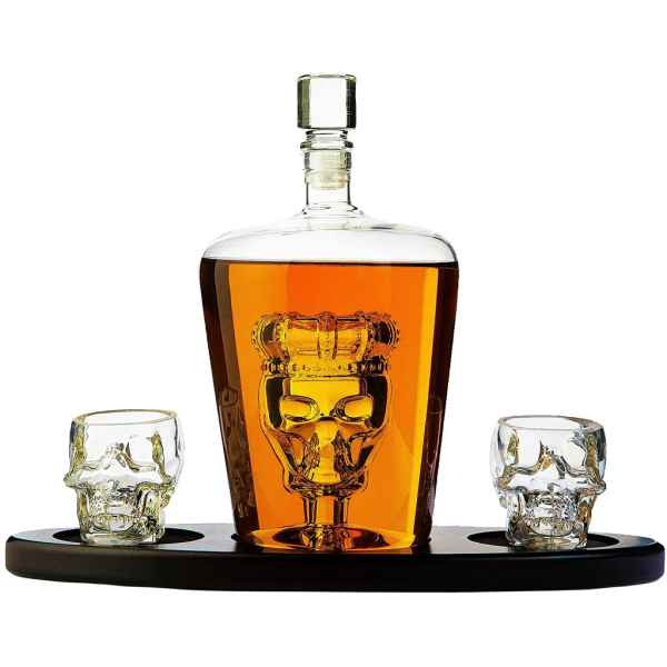 Skull King Skeleton Wine & Whiskey Globe Decanter Set 750 mL With 2 Skull Head 3oz Skeletons Shot Glasses + Mahogany Wooden Base Decor Glass, Goth...